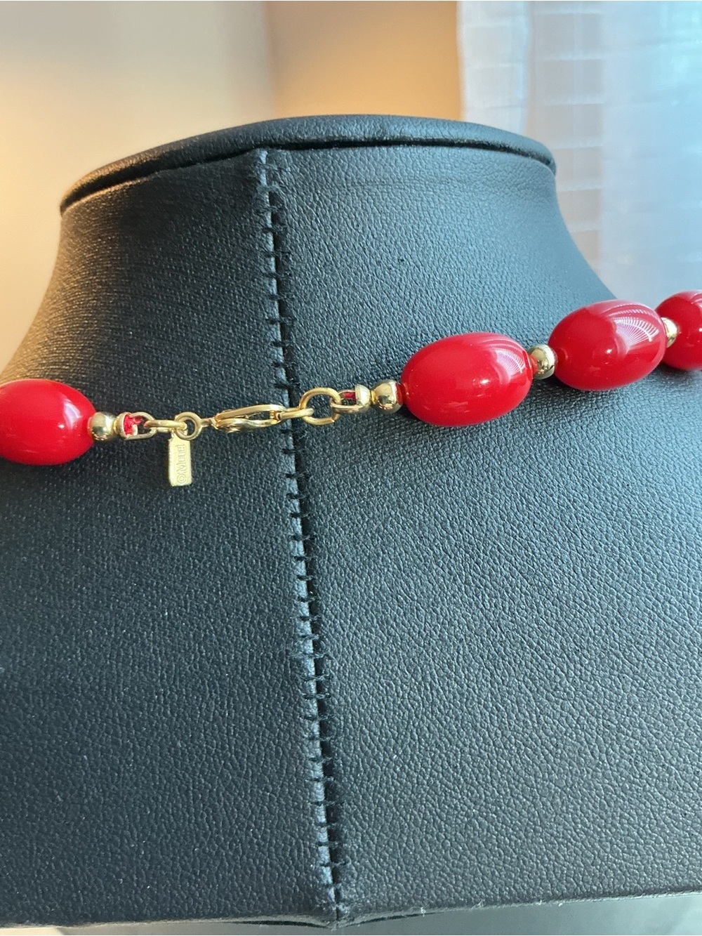 Monet Vintage Cherry Red Acrylic Gold Tone Necklace, Bracelet and Earrings Set - Picture 3 of 10